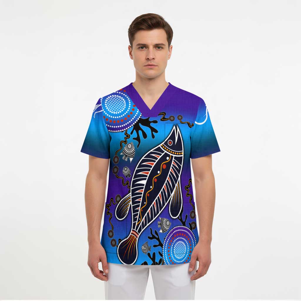 Australia Fishing Scrub Top Hooked On Fishing With Aboriginal Patterns - Aussie Hoodie