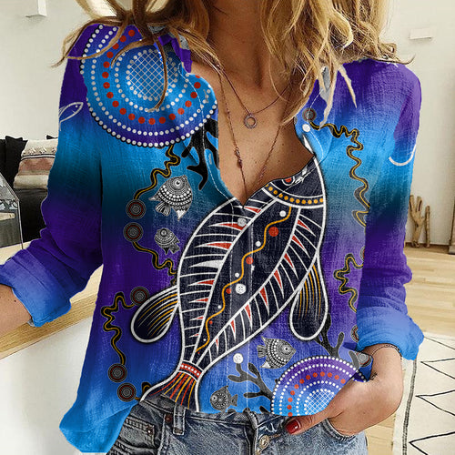 australia-fishing-women-casual-shirt-hooked-on-fishing-with-aboriginal-patterns