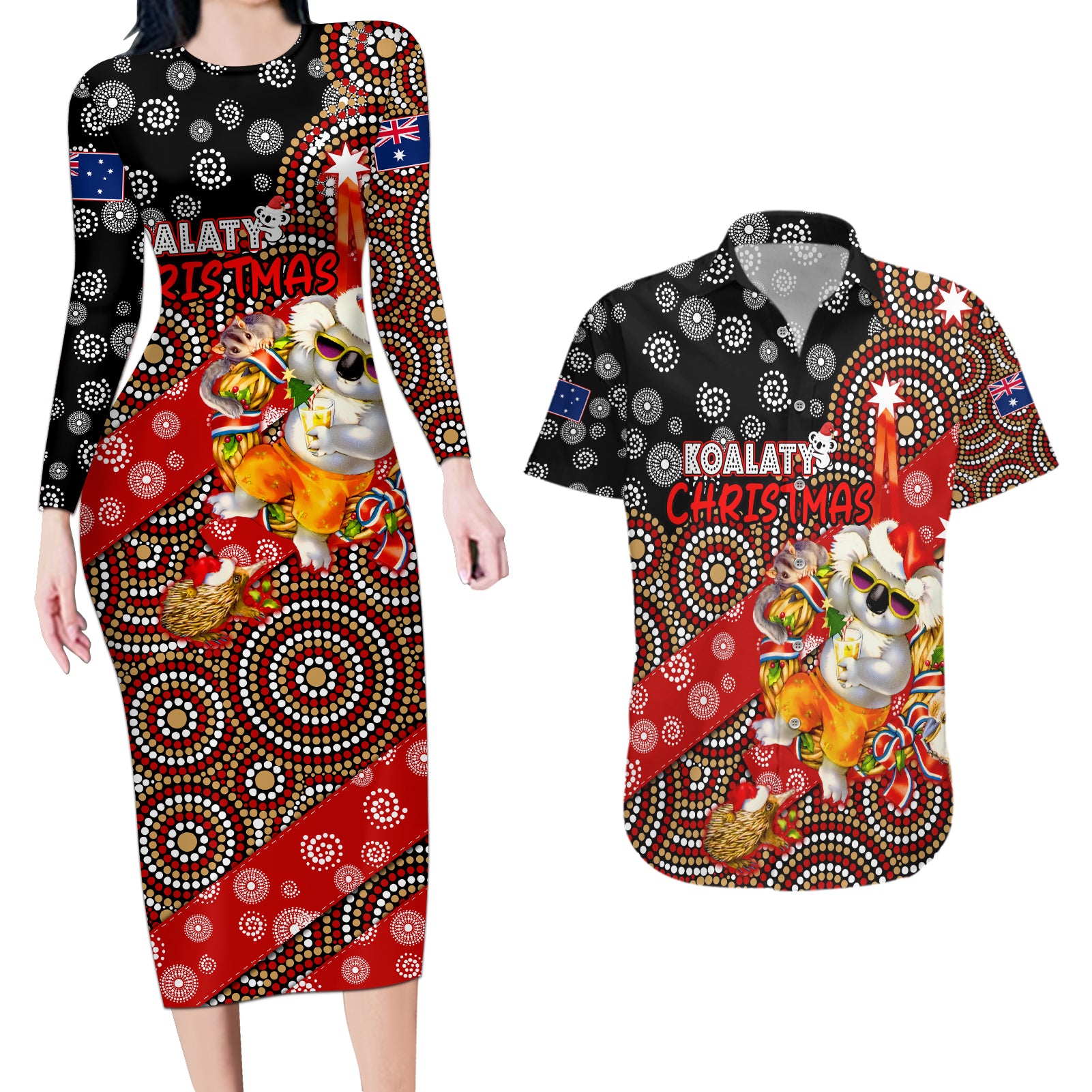 koalaty-christmas-couples-matching-long-sleeve-bodycon-dress-and-hawaiian-shirt-australia-koala-aboriginal