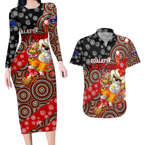 koalaty-christmas-couples-matching-long-sleeve-bodycon-dress-and-hawaiian-shirt-australia-koala-aboriginal