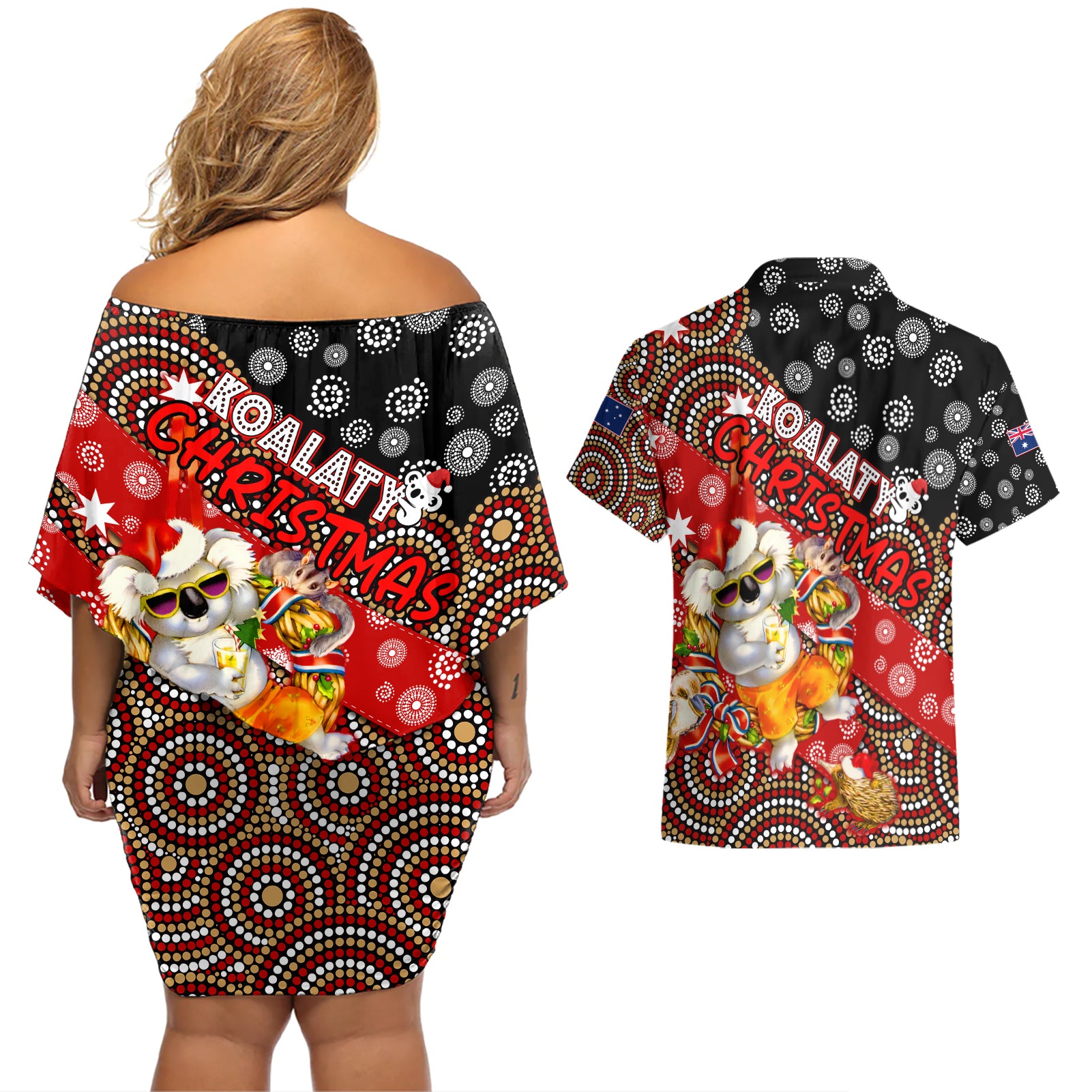 koalaty-christmas-couples-matching-off-shoulder-short-dress-and-hawaiian-shirt-australia-koala-aboriginal