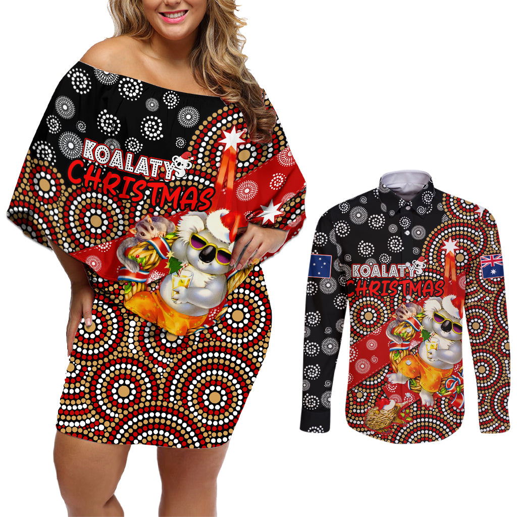koalaty-christmas-couples-matching-off-shoulder-short-dress-and-long-sleeve-button-shirt-australia-koala-aboriginal