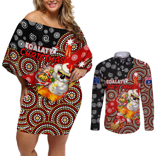 koalaty-christmas-couples-matching-off-shoulder-short-dress-and-long-sleeve-button-shirt-australia-koala-aboriginal