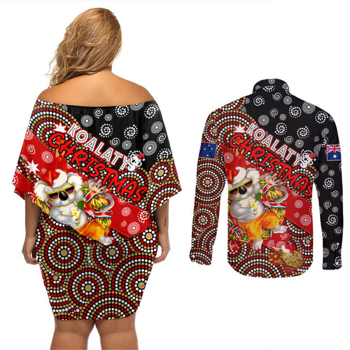 koalaty-christmas-couples-matching-off-shoulder-short-dress-and-long-sleeve-button-shirt-australia-koala-aboriginal