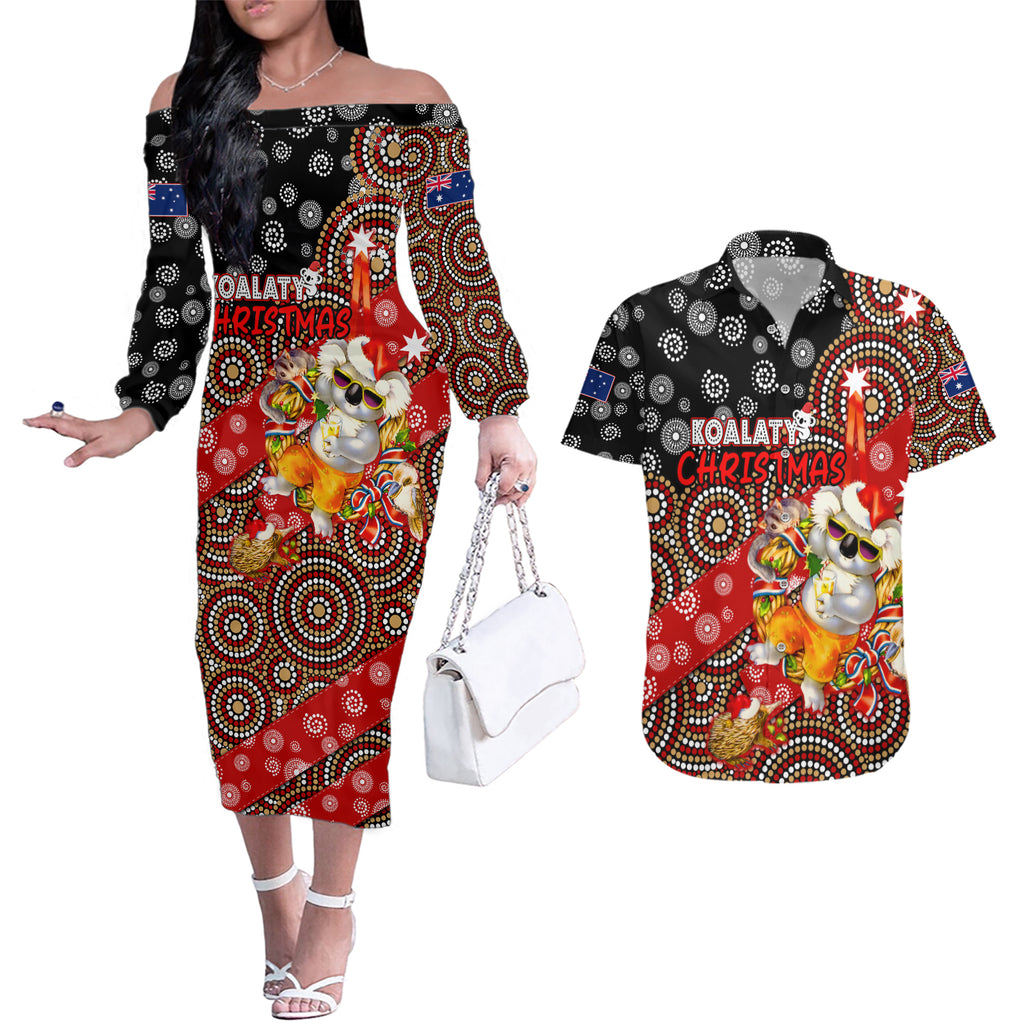 koalaty-christmas-couples-matching-off-the-shoulder-long-sleeve-dress-and-hawaiian-shirt-australia-koala-aboriginal