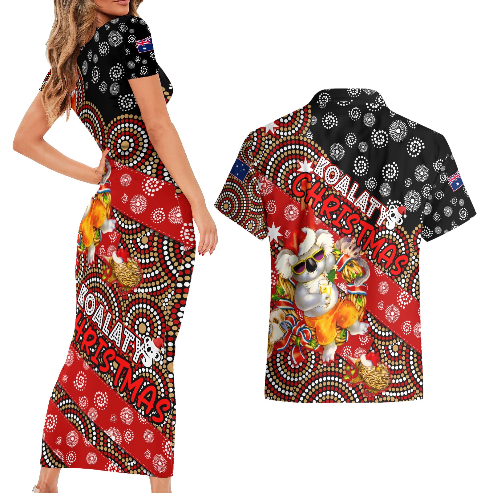 koalaty-christmas-couples-matching-short-sleeve-bodycon-dress-and-hawaiian-shirt-australia-koala-aboriginal