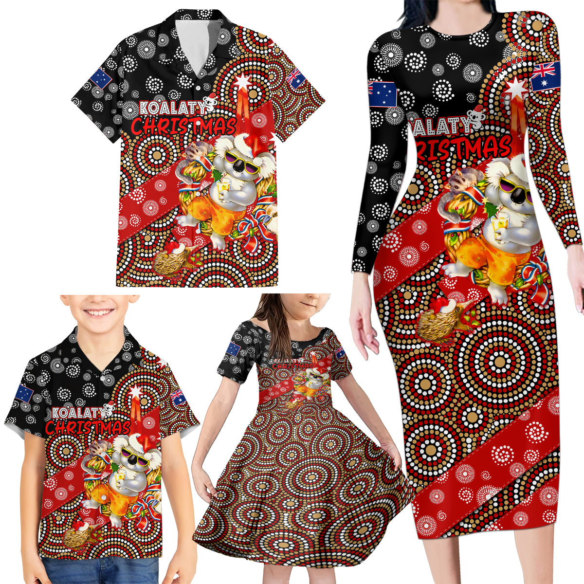 koalaty-christmas-family-matching-long-sleeve-bodycon-dress-and-hawaiian-shirt-australia-koala-aboriginal