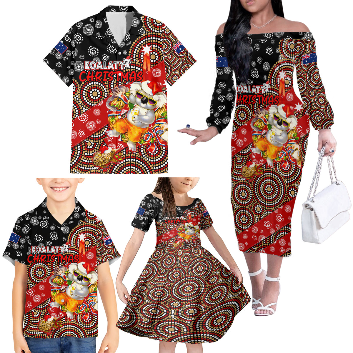 koalaty-christmas-family-matching-off-shoulder-long-sleeve-dress-and-hawaiian-shirt-australia-koala-aboriginal