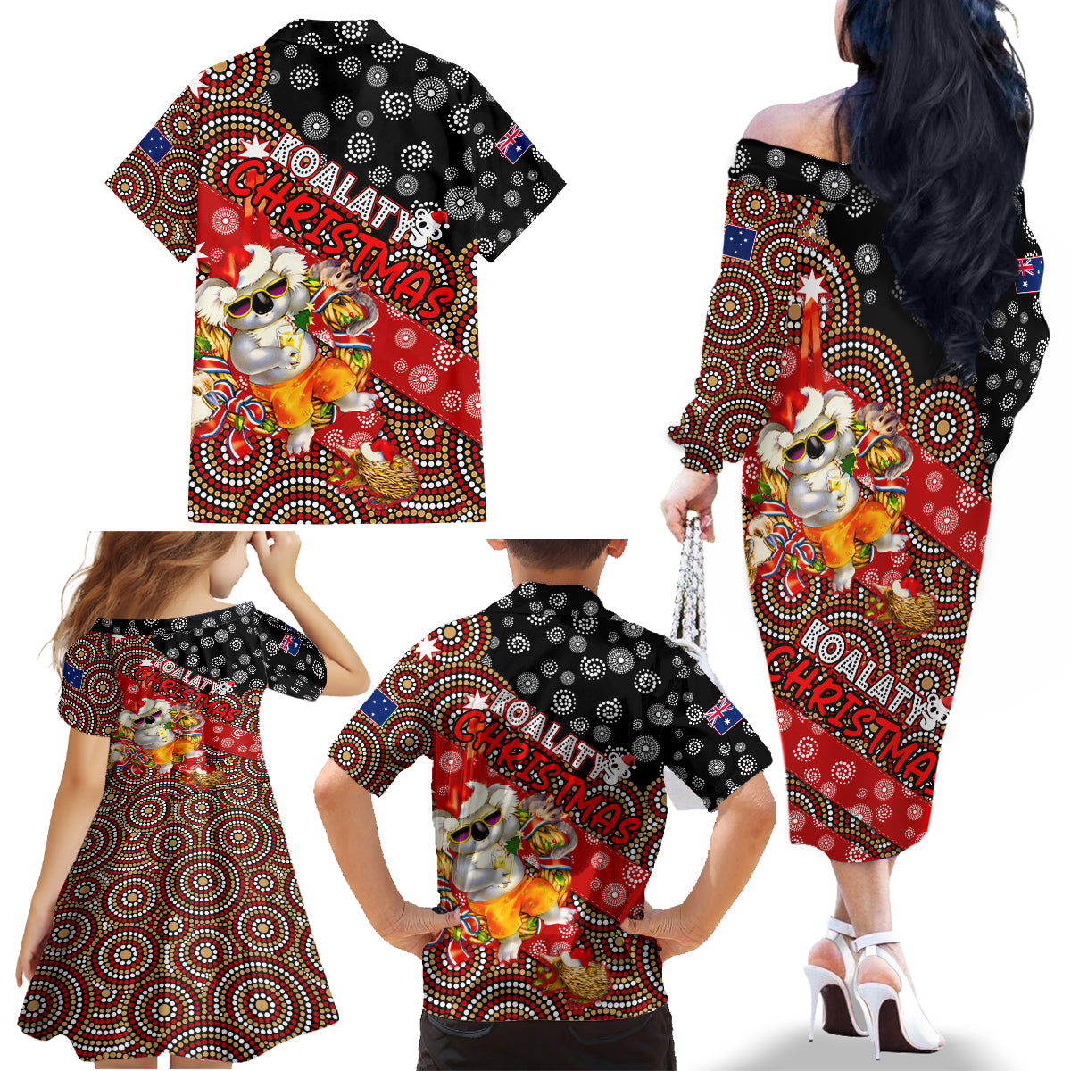 koalaty-christmas-family-matching-off-shoulder-long-sleeve-dress-and-hawaiian-shirt-australia-koala-aboriginal