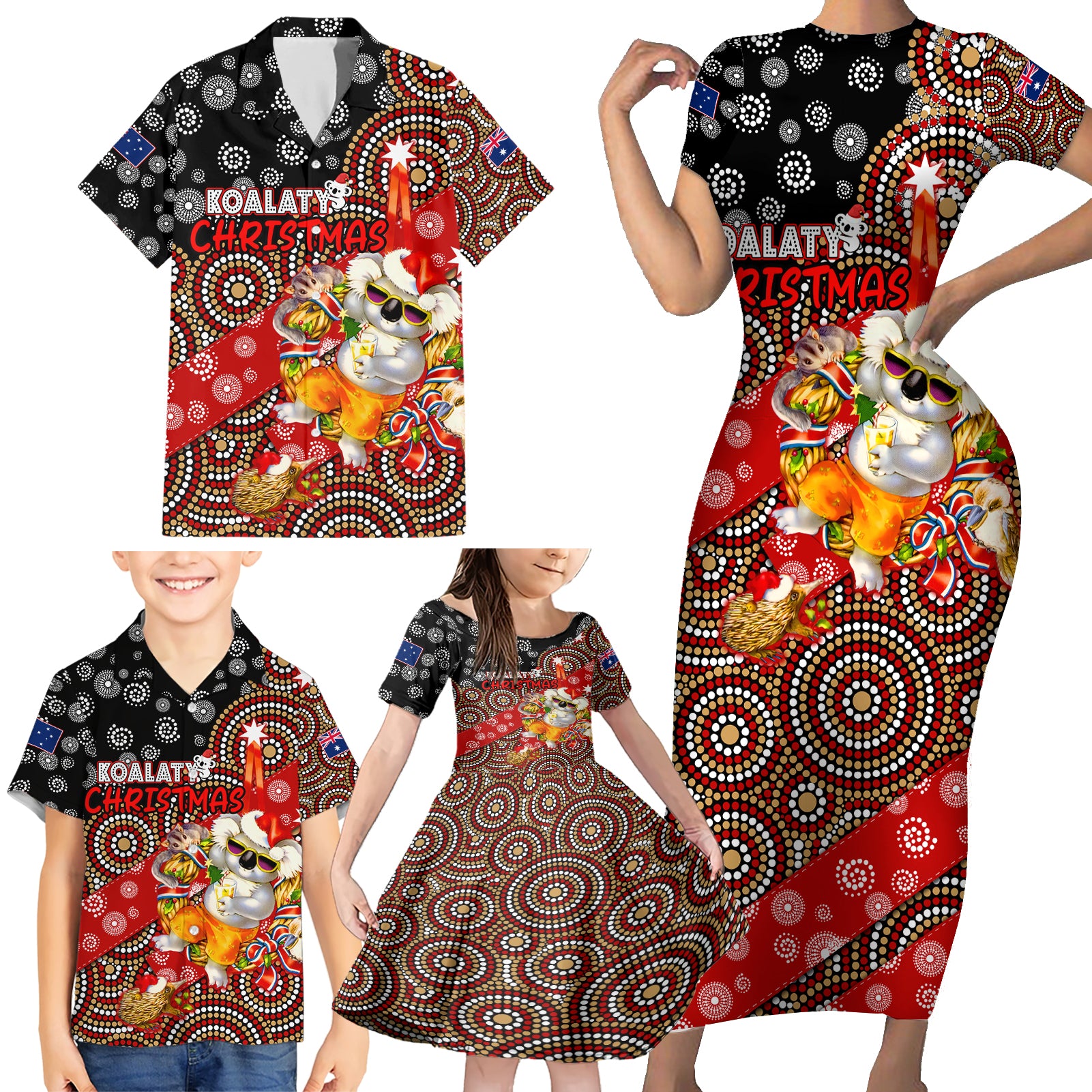 koalaty-christmas-family-matching-short-sleeve-bodycon-dress-and-hawaiian-shirt-australia-koala-aboriginal
