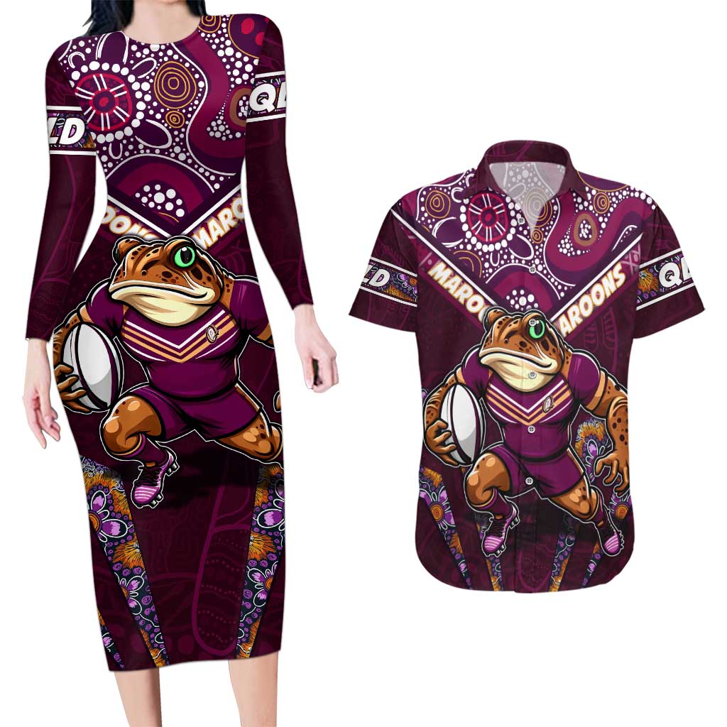 Personalised Queensland Maroons Couples Matching Long Sleeve Bodycon Dress and Hawaiian Shirt Mascot Rugby League