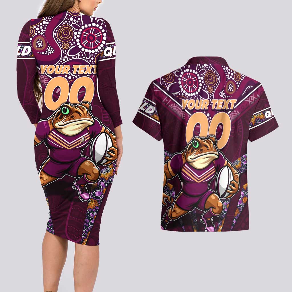 Personalised Queensland Maroons Couples Matching Long Sleeve Bodycon Dress and Hawaiian Shirt Mascot Rugby League