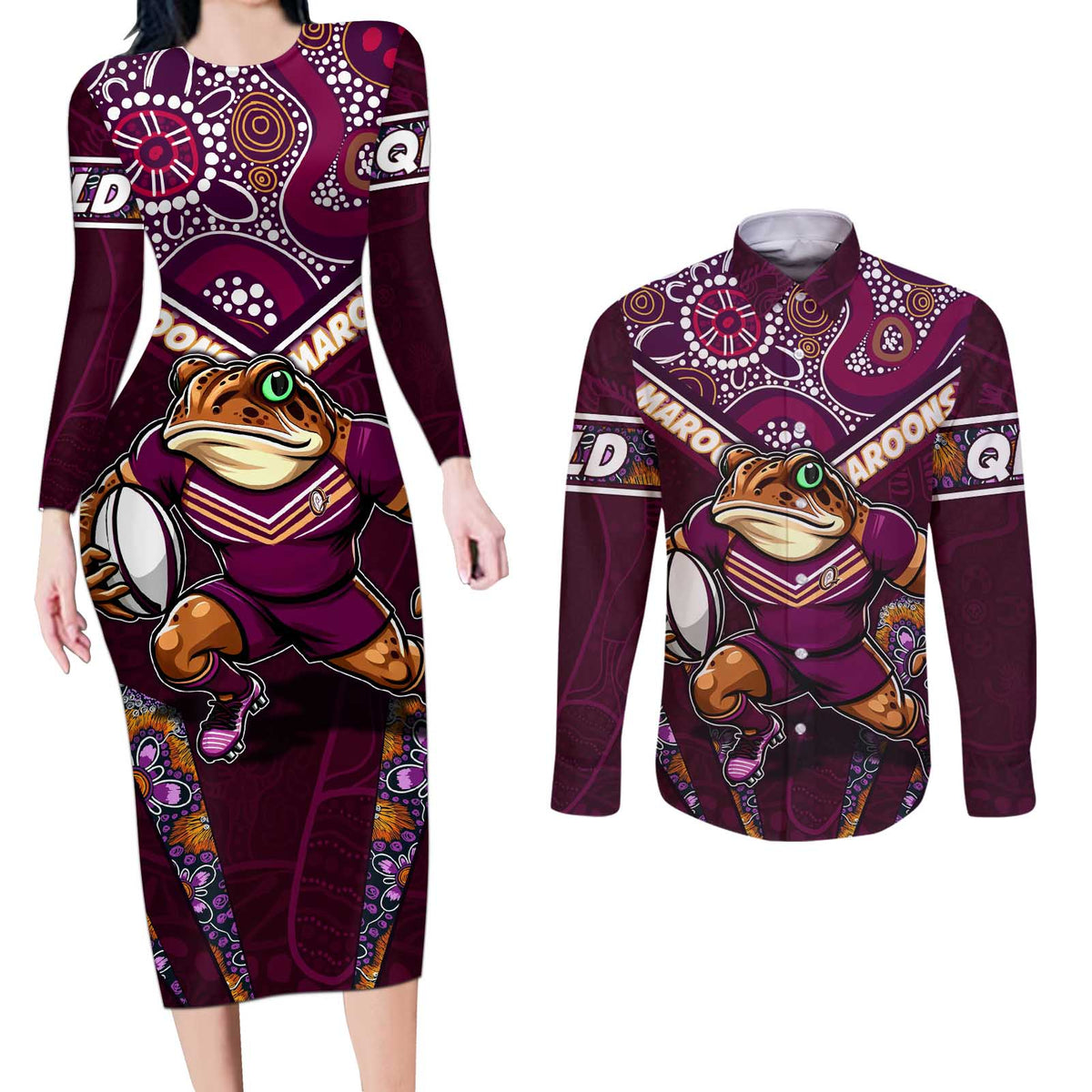 Personalised Queensland Maroons Couples Matching Long Sleeve Bodycon Dress and Long Sleeve Button Shirt Mascot Rugby League