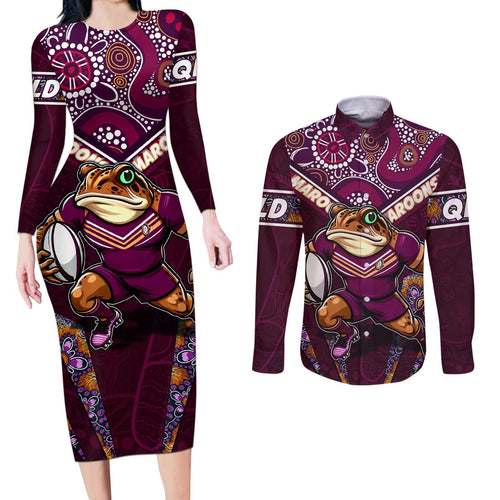 Personalised Queensland Maroons Couples Matching Long Sleeve Bodycon Dress and Long Sleeve Button Shirt Mascot Rugby League