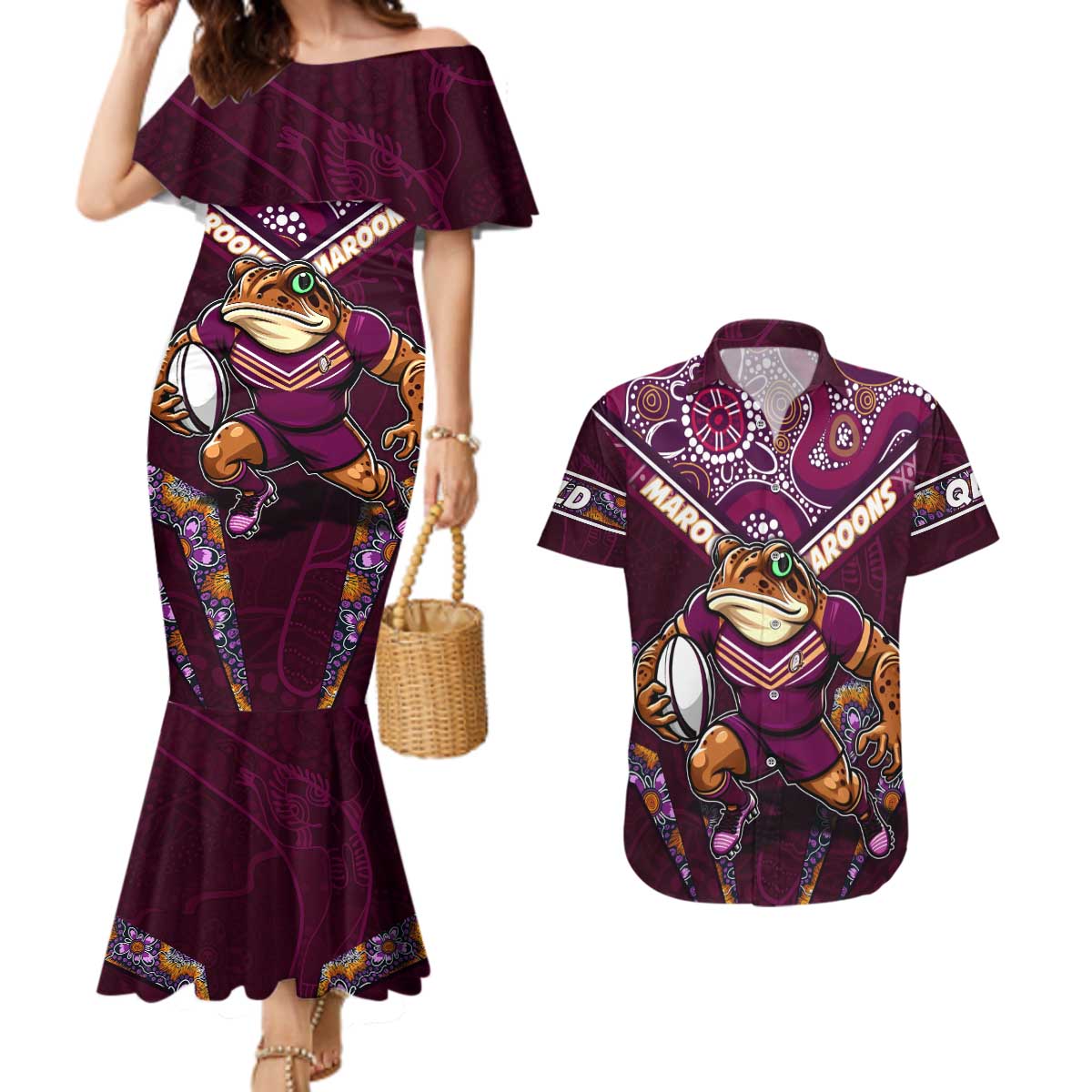 Personalised Queensland Maroons Couples Matching Mermaid Dress and Hawaiian Shirt Mascot Rugby League