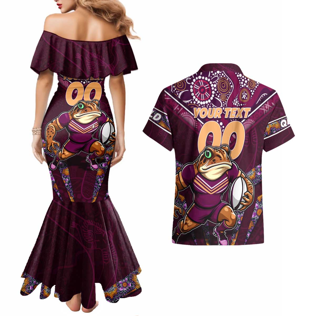 Personalised Queensland Maroons Couples Matching Mermaid Dress and Hawaiian Shirt Mascot Rugby League