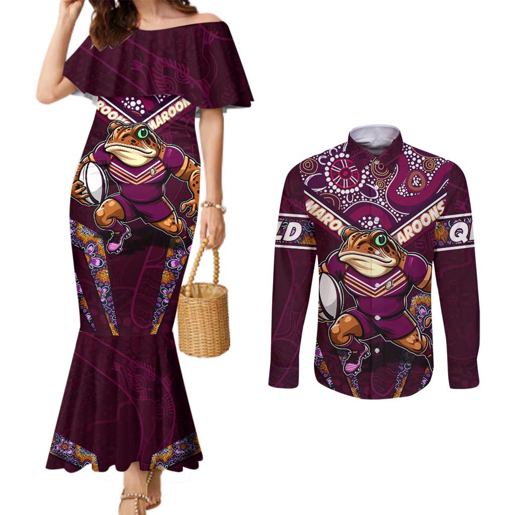Personalised Queensland Maroons Couples Matching Mermaid Dress and Long Sleeve Button Shirt Mascot Rugby League