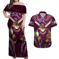 Personalised Queensland Maroons Couples Matching Off Shoulder Maxi Dress and Hawaiian Shirt Mascot Rugby League