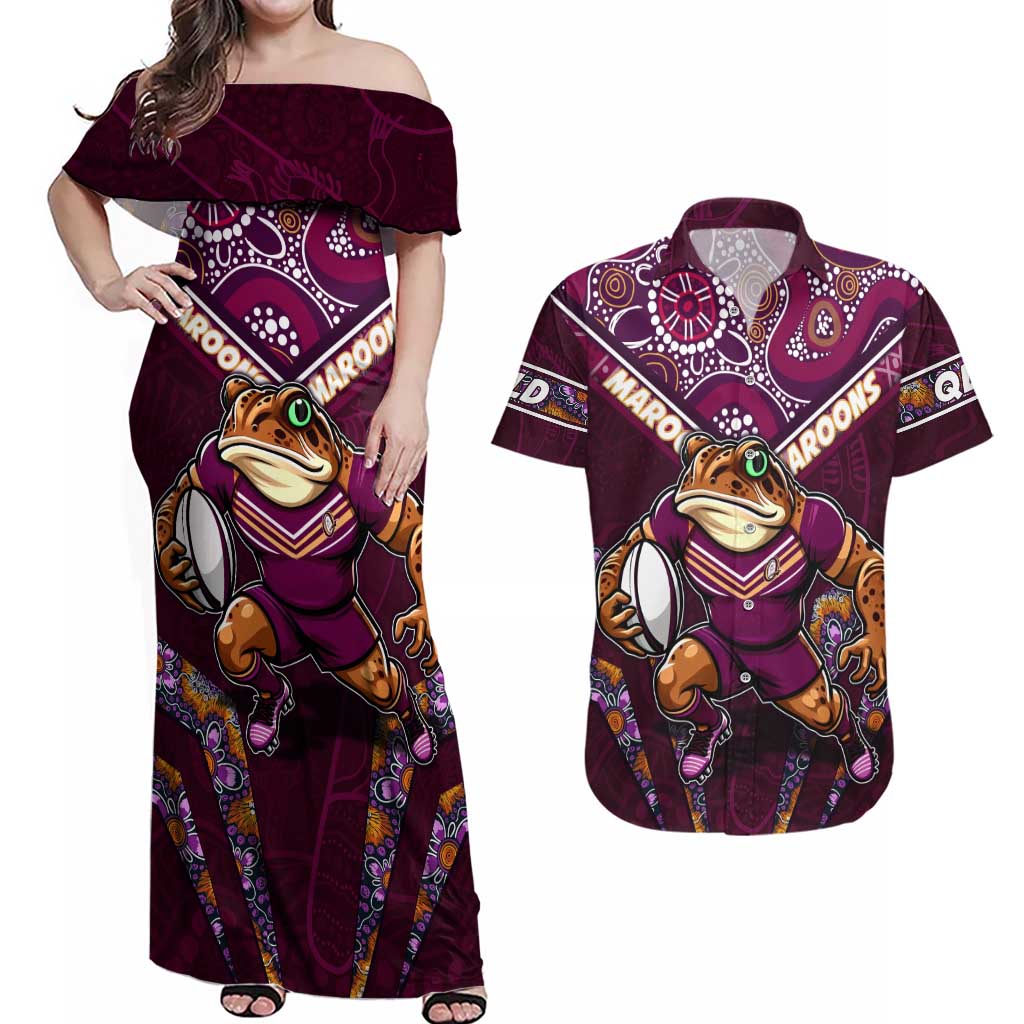 Personalised Queensland Maroons Couples Matching Off Shoulder Maxi Dress and Hawaiian Shirt Mascot Rugby League