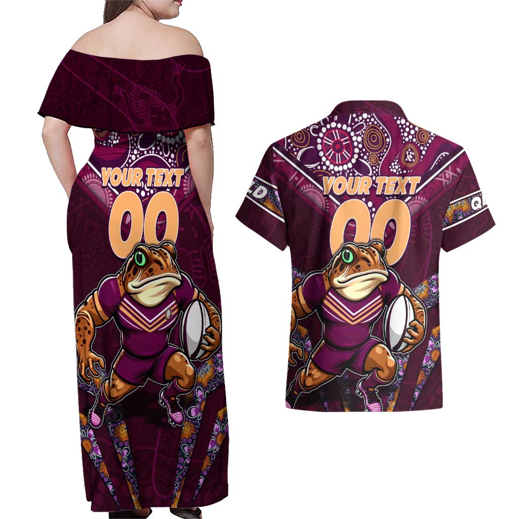 Personalised Queensland Maroons Couples Matching Off Shoulder Maxi Dress and Hawaiian Shirt Mascot Rugby League