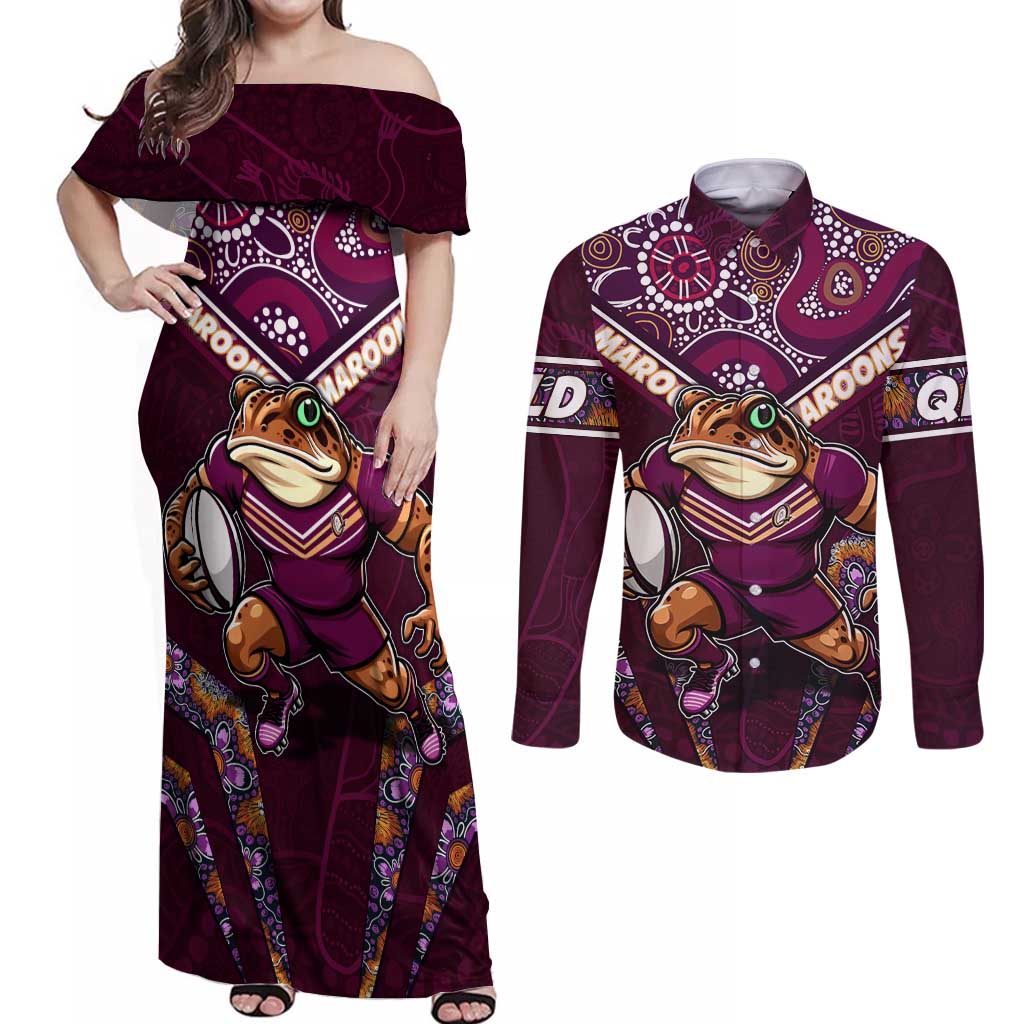 Personalised Queensland Maroons Couples Matching Off Shoulder Maxi Dress and Long Sleeve Button Shirt Mascot Rugby League