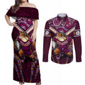 Personalised Queensland Maroons Couples Matching Off Shoulder Maxi Dress and Long Sleeve Button Shirt Mascot Rugby League