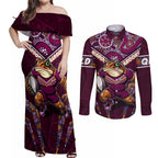 Personalised Queensland Maroons Couples Matching Off Shoulder Maxi Dress and Long Sleeve Button Shirt Mascot Rugby League