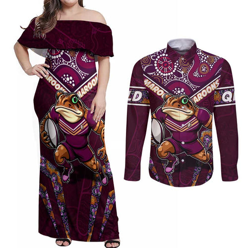 Personalised Queensland Maroons Couples Matching Off Shoulder Maxi Dress and Long Sleeve Button Shirt Mascot Rugby League