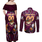 Personalised Queensland Maroons Couples Matching Off Shoulder Maxi Dress and Long Sleeve Button Shirt Mascot Rugby League