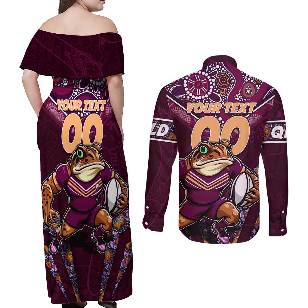 Personalised Queensland Maroons Couples Matching Off Shoulder Maxi Dress and Long Sleeve Button Shirt Mascot Rugby League