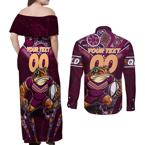 Personalised Queensland Maroons Couples Matching Off Shoulder Maxi Dress and Long Sleeve Button Shirt Mascot Rugby League
