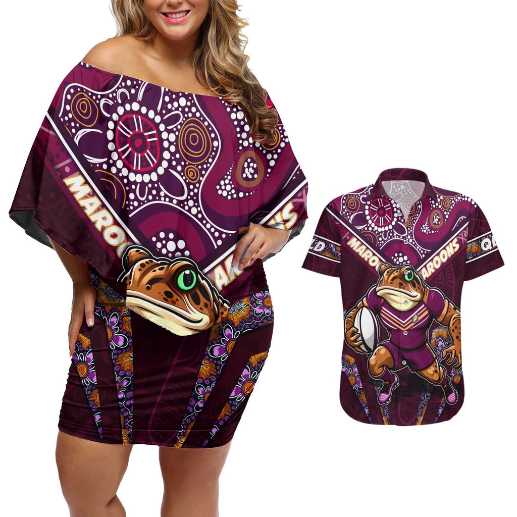 Personalised Queensland Maroons Couples Matching Off Shoulder Short Dress and Hawaiian Shirt Mascot Rugby League