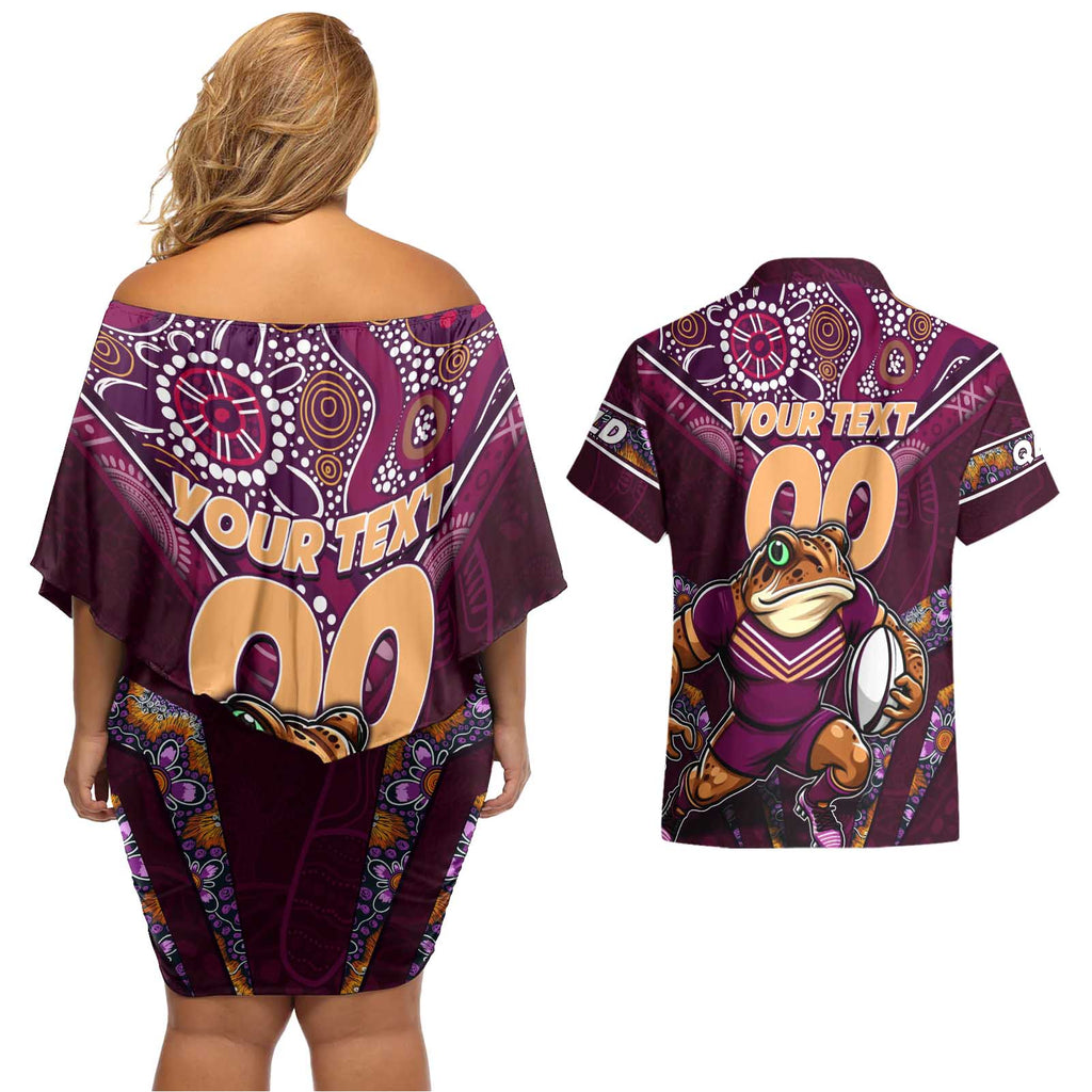 Personalised Queensland Maroons Couples Matching Off Shoulder Short Dress and Hawaiian Shirt Mascot Rugby League
