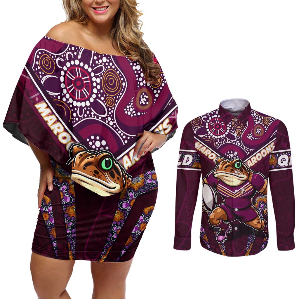 Personalised Queensland Maroons Couples Matching Off Shoulder Short Dress and Long Sleeve Button Shirt Mascot Rugby League