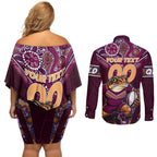 Personalised Queensland Maroons Couples Matching Off Shoulder Short Dress and Long Sleeve Button Shirt Mascot Rugby League