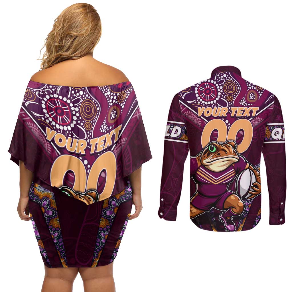 Personalised Queensland Maroons Couples Matching Off Shoulder Short Dress and Long Sleeve Button Shirt Mascot Rugby League