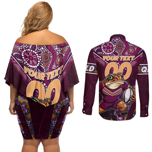 Personalised Queensland Maroons Couples Matching Off Shoulder Short Dress and Long Sleeve Button Shirt Mascot Rugby League