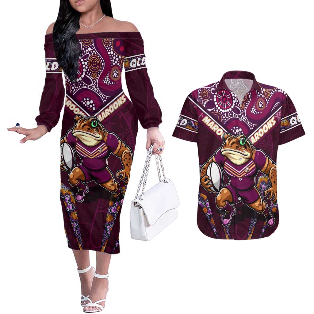 Personalised Queensland Maroons Couples Matching Off The Shoulder Long Sleeve Dress and Hawaiian Shirt Mascot Rugby League