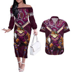Personalised Queensland Maroons Couples Matching Off The Shoulder Long Sleeve Dress and Hawaiian Shirt Mascot Rugby League