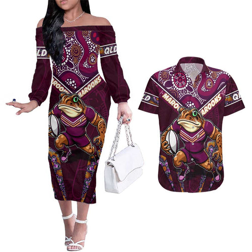 Personalised Queensland Maroons Couples Matching Off The Shoulder Long Sleeve Dress and Hawaiian Shirt Mascot Rugby League