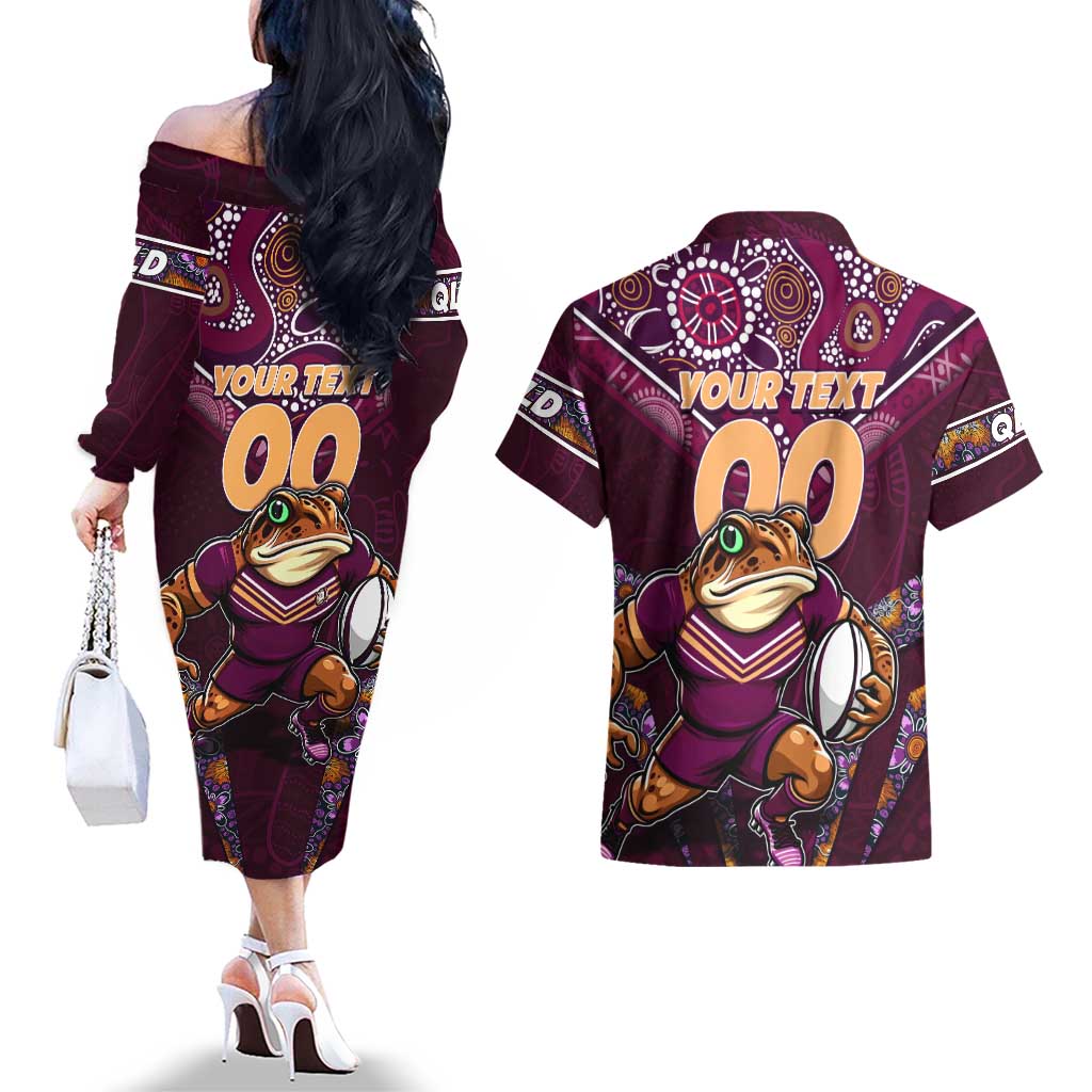Personalised Queensland Maroons Couples Matching Off The Shoulder Long Sleeve Dress and Hawaiian Shirt Mascot Rugby League