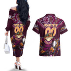 Personalised Queensland Maroons Couples Matching Off The Shoulder Long Sleeve Dress and Hawaiian Shirt Mascot Rugby League