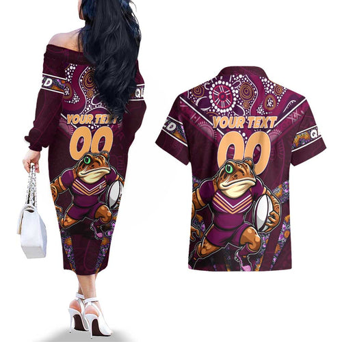 Personalised Queensland Maroons Couples Matching Off The Shoulder Long Sleeve Dress and Hawaiian Shirt Mascot Rugby League