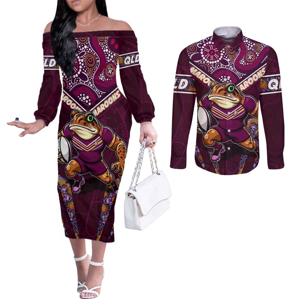 Personalised Queensland Maroons Couples Matching Off The Shoulder Long Sleeve Dress and Long Sleeve Button Shirt Mascot Rugby League
