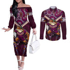 Personalised Queensland Maroons Couples Matching Off The Shoulder Long Sleeve Dress and Long Sleeve Button Shirt Mascot Rugby League