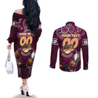 Personalised Queensland Maroons Couples Matching Off The Shoulder Long Sleeve Dress and Long Sleeve Button Shirt Mascot Rugby League