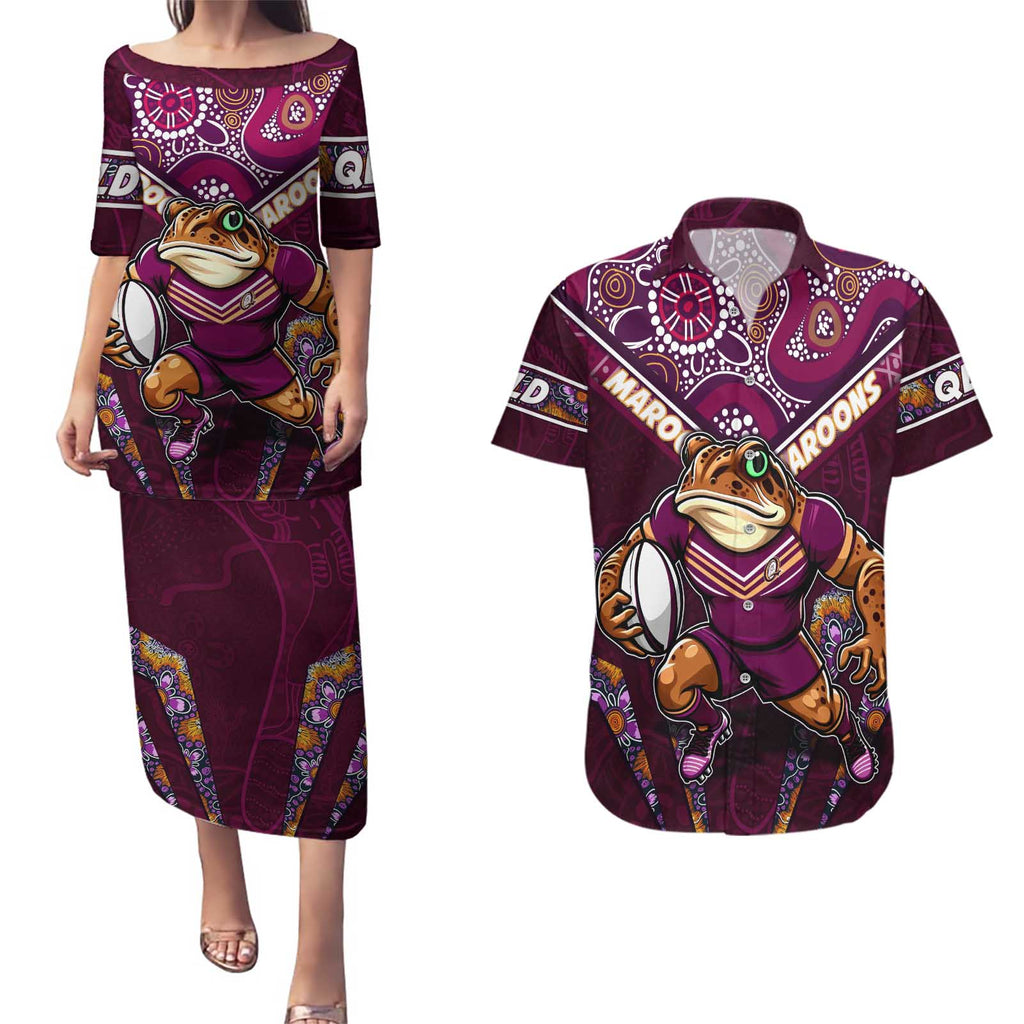Personalised Queensland Maroons Couples Matching Puletasi and Hawaiian Shirt Mascot Rugby League