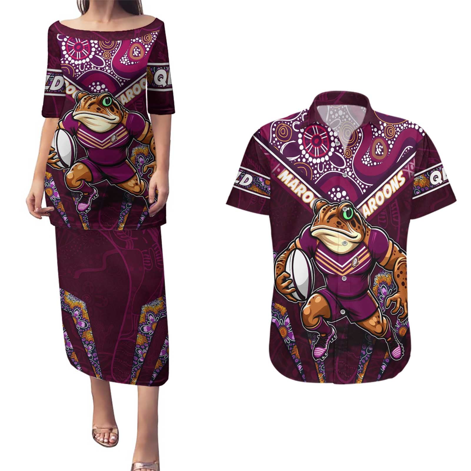 Personalised Queensland Maroons Couples Matching Puletasi and Hawaiian Shirt Mascot Rugby League