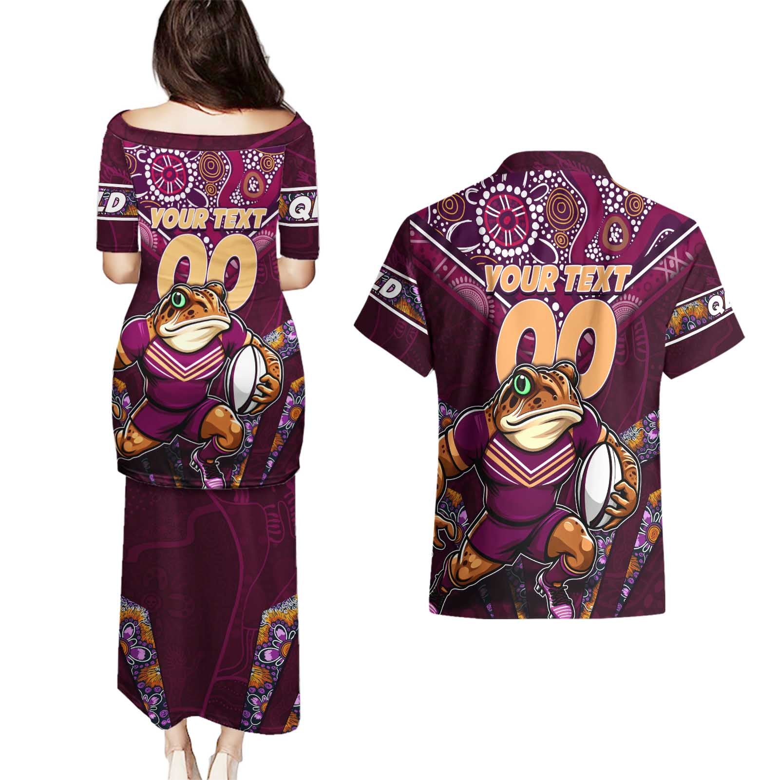 Personalised Queensland Maroons Couples Matching Puletasi and Hawaiian Shirt Mascot Rugby League