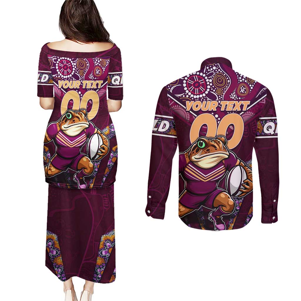 Personalised Queensland Maroons Couples Matching Puletasi and Long Sleeve Button Shirt Mascot Rugby League